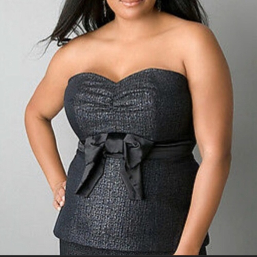 Lane Bryant Black Strapless Textured Peplum Camisole with Bow Waist
